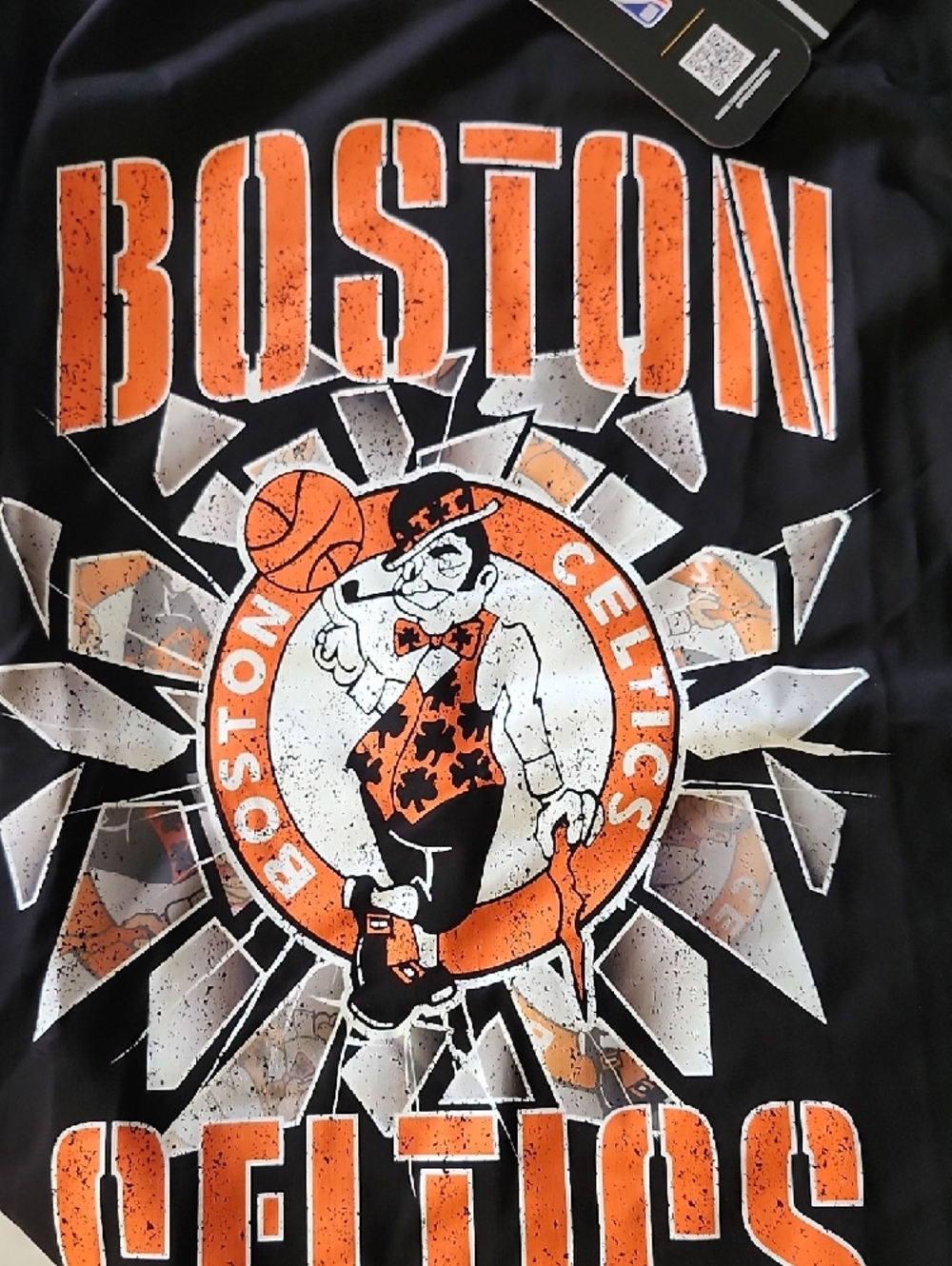 NBA Boston Celtics Black Short Sleeve Graphic Tee with Orange and White Print